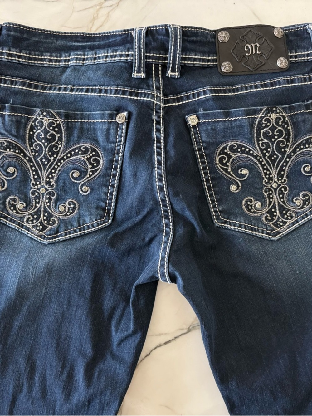Miss Me Dark Blue Skinny Jeans with Embroidered Fleur-de-Lis Pockets